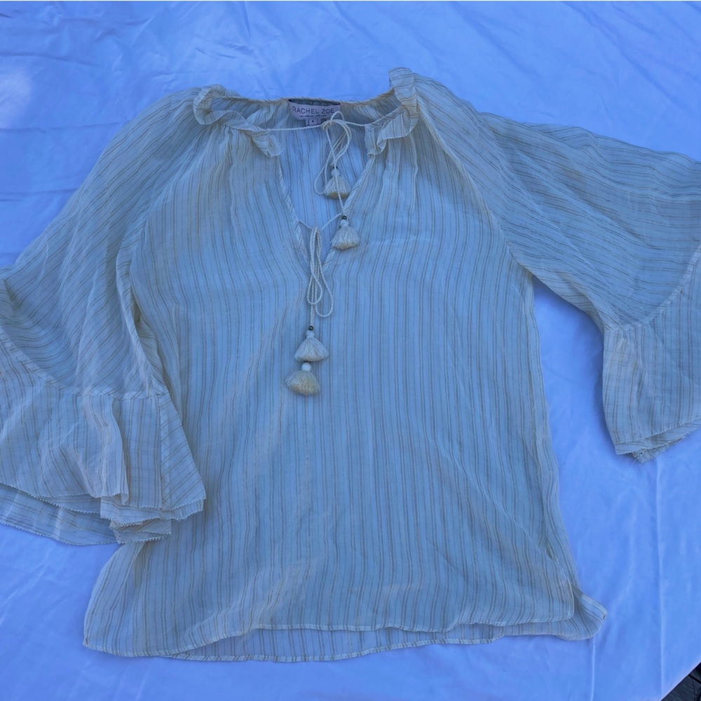 Rachel Zoe peasant blouse white sheath with gold pinstripes size 6.